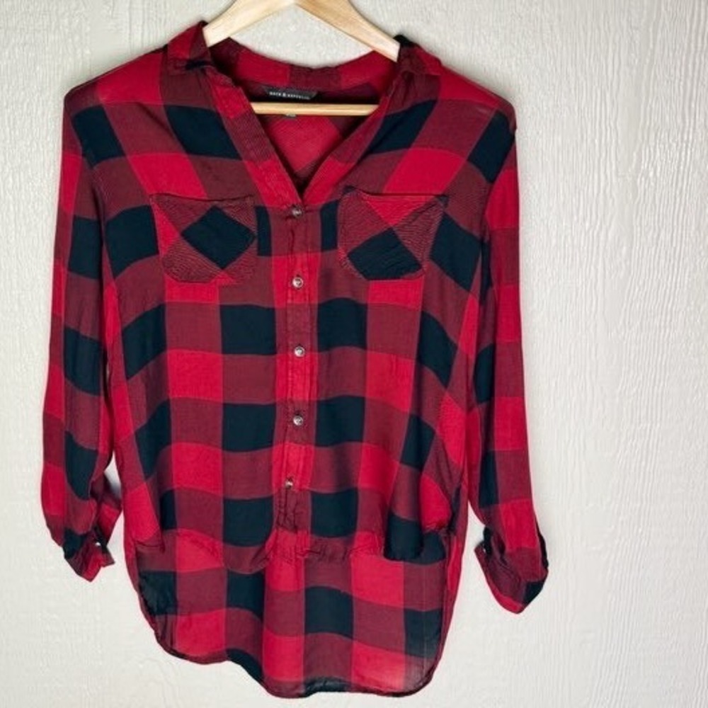 Rock & Republic Womens Red Black Buffalo Plaid Button Down Roll Tab Shirt Small